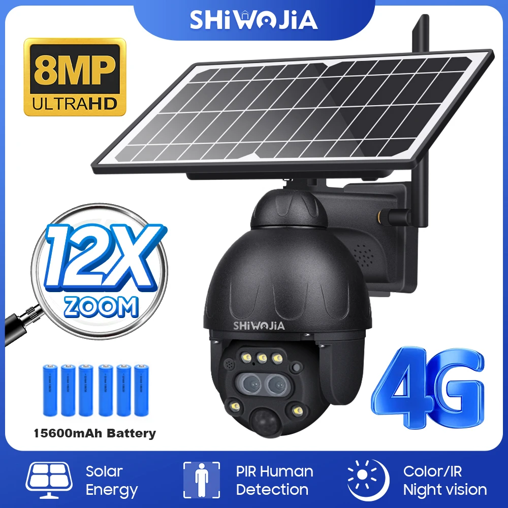 SHIWOJIA 4K 8MP Päikese PTZ Kaamera 12X Zoom 4G SIM /WIFI Turvalisus Väljas Kaamera Humanoid Jälgimise Värv Öise Nägemise Kaamera Metallist0